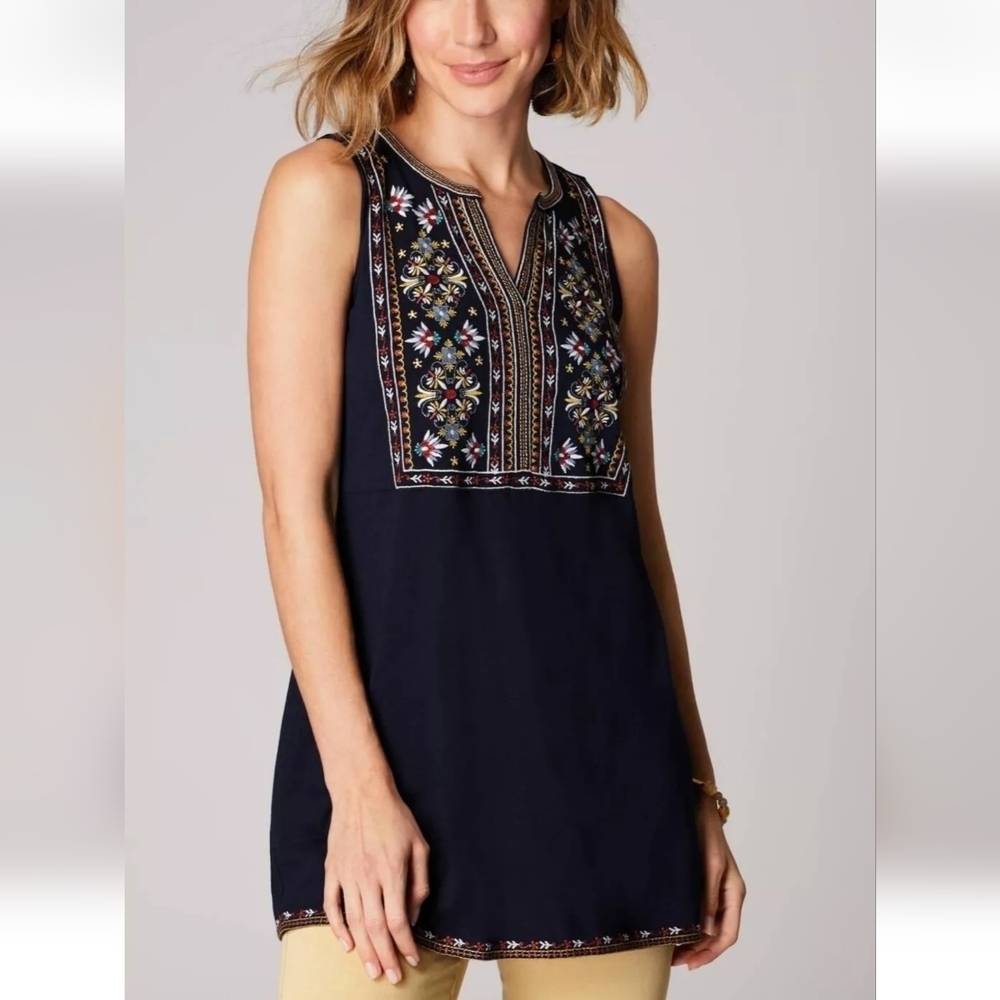 J.Jill Embroidered Navy Blue Cottagecore Top Size Small